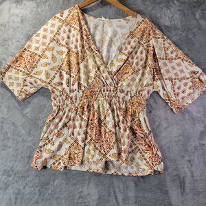 Parallel Skies Womens XL Smocked Waist Kimono Sleeve Boho Peasant Top Multicolor